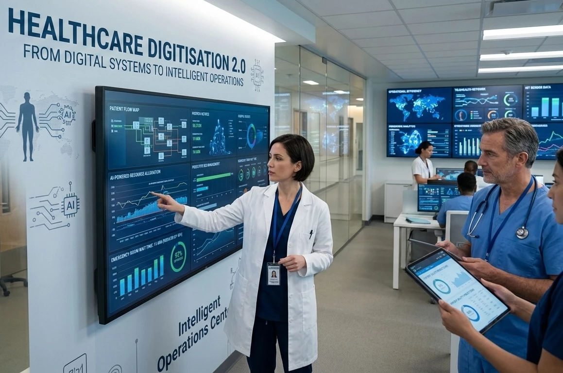 Healthcare clinicians reviewing intelligent operations data on connected displays.